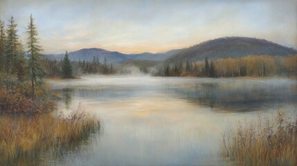 Misty lake sunrise coniferous forest and mountain landscape painting