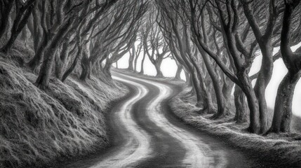 Winding road through misty tree tunnel monochrome landscape
