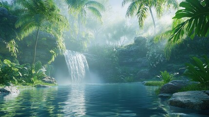 Tranquil waterfall in lush tropical paradise sunlight through mist green foliage calm water nature scene