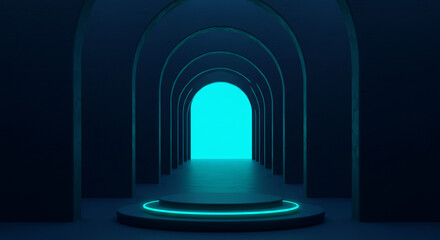 Fototapeta premium Surreal Abstract Blue Hallway with Arches and Bright Exit