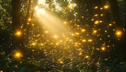 Sunbeams pierce a dense forest, illuminating countless glowing particles suspended in the air, creating an ethereal, magical atmosphere