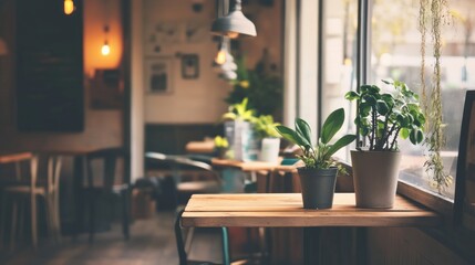 Cafe interior with potted plants on wooden table