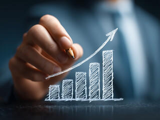 Mão masculina apontando para gráfico com seta para cima, representando crescimento, sucesso nos negócios, evolução financeira e análise de desempenho empresarial