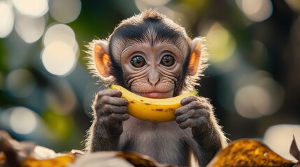 Fototapeta premium Adorable baby monkey eating banana closeup wildlife photography