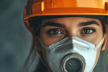 Fototapeta premium Close-Up of Female Builder in Hard Hat and Respirator Mask Amidst Construction Setting