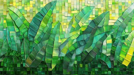 Vibrant green foliage mosaic abstract nature artwork