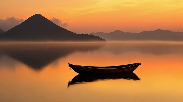 Calm lake sunrise view with boat and mountains