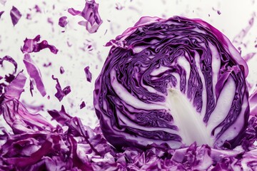 Close up of a sliced red cabbage showing its vibrant purple leaves and intricate texture