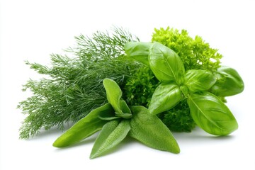 Close-up shot showcasing the vibrant freshness of a selection of garden herbs, perfect for culinary use, set against a clean white background, providing a natural and organic appeal.