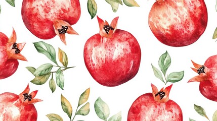 Watercolor seamless pattern of ripe pomegranates and leaves on white background.
