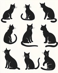 Diverse Collection of Cat Silhouettes: Playful Kittens to Relaxing Adults in Various Poses