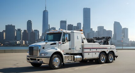 Heavy Duty Tow Truck with City Skyline Background