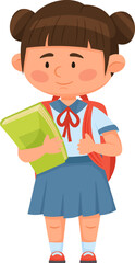 Cute asian schoolgirl wearing uniform, holding book and backpack, smiling and ready for school, back to school concept, education, learning, childhood, student, pupil