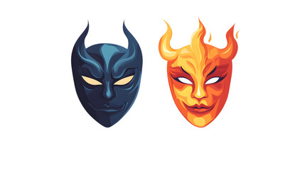 A pair of striking stylized masks: a dark blue devil mask and a fiery orange one, representing duality and emotion.