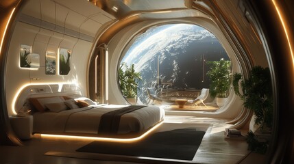 Fototapeta premium Futuristic bedroom with expansive panoramic views.