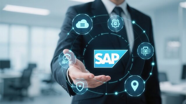 Businessman presenting sap technology with connected digital icons representing modern solutions.