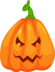 Halloween pumpkin with scary face looking menacing, carved vegetable with green stem, spooky and creepy decoration for autumn holidays, isolated illustration on white background