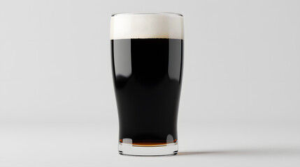 A close-up of a frothy pint of stout beer in a clear glass, showcasing deep hues of brown and black against a neutral background.