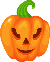 Halloween pumpkin with carved face smiling with a green curved stem on a white background, representing the spirit of halloween celebration