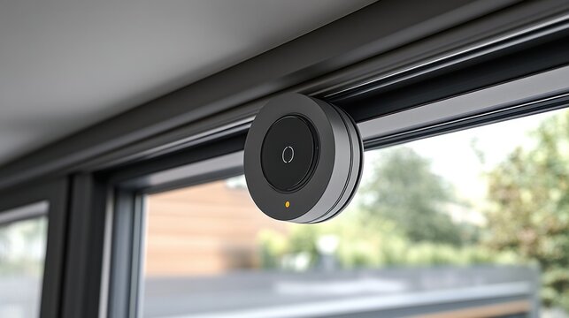 Gray circular smart window sensor mounted on a window track