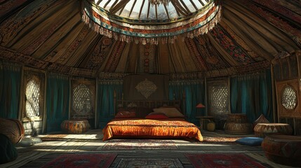 Warm Cozy Living Room Interior with Bohemian Decor, Plush Rugs, and Soft Natural Light for Relaxation and Comfort.