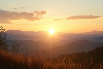 Fototapeta premium Dusk Serenity: Sunbeams Descending over Cowee Mountain in the Blue Ridge at Sunset