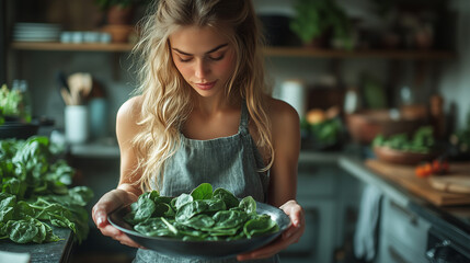 Young woman prepares fresh spinach in a cozy kitchen surrounded by greenery and cooking utensils ai, cooking, kitchen, woman, spinach, fresh, healthy, green, herbs, plants, culinary, preparation, natu