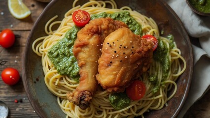 Crispy Fried Chicken & Pesto Pasta: Rustic Overhead Food Photography