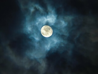 full moon in dark cloudy sky