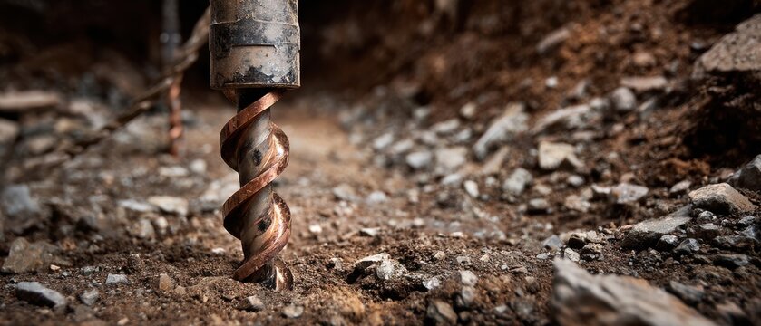 Closeup of a rusty auger drill bit digging into rocky soil outdoors Concept of geotechnical investigation, construction, and environmental engineering