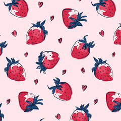 Seamless strawberry pattern, doodle berry fruit repeating print, hand drawn abstract organic nature shapes for wrapping paper textile fabric. Vector texture