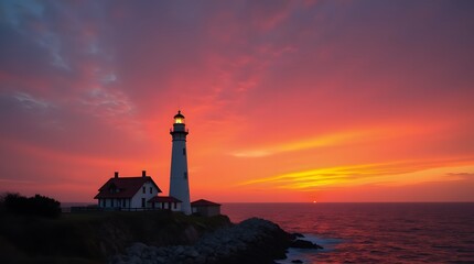 Fototapeta premium A picturesque lighthouse on a rocky coastline illuminates a sunset sky colored in fiery red and purple hues. A perfect seascape for romance and inspiration.