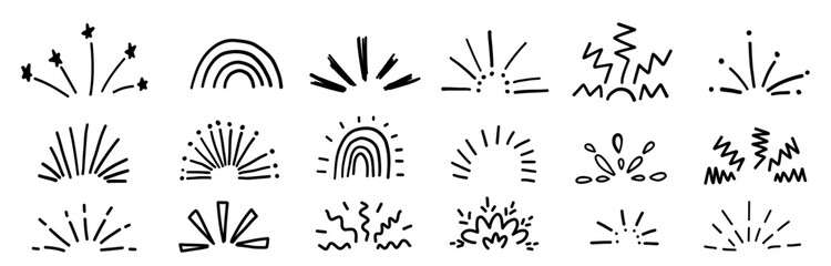 Surprise line element for attention decoration. Shine vector hand drawn illustration in doodle comic style isolated on white background. Sunburst ray sketches.