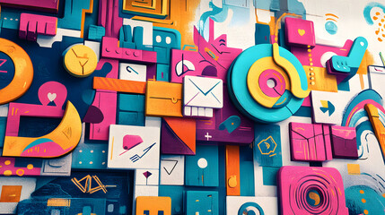 A vibrant and dynamic abstract mural featuring a mix of geometric shapes and bold colors, creating a lively urban atmosphere.