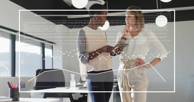 Two women reviewing tablet in tech office, overlay showing code snippets dot plots and line graphs