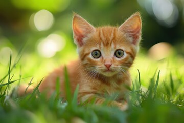 Adorable Red Kitten Posing Playfully in Lush Green Grass Outdoors