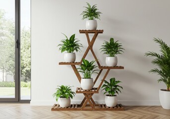 Indoor plants on wooden stand near window on transparent background