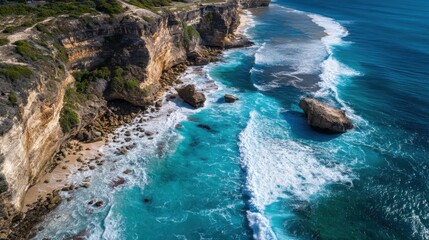 A stunning image of stunning image of aerial View of Sea and Coastal Rocks with Ocean Blue Waves Crashing Against the Shoreline in a Natural Scenic Landscape.