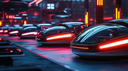 Fototapeta premium Futuristic vehicles on a transport assembly line.