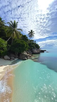 Beautiful hidden tropical beach with turquoise water on a sunny day, vertical video