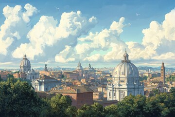 Obraz premium Panoramic cityscape view of a European city under a bright sky. Lush trees frame the view