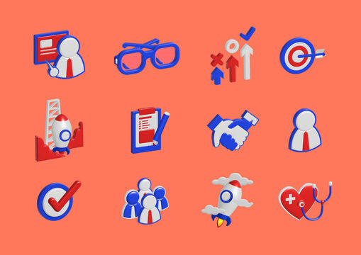 Startup Business 3D Icon Pack &ndash; Success, Strategy, Rocket Launch, Target, Health