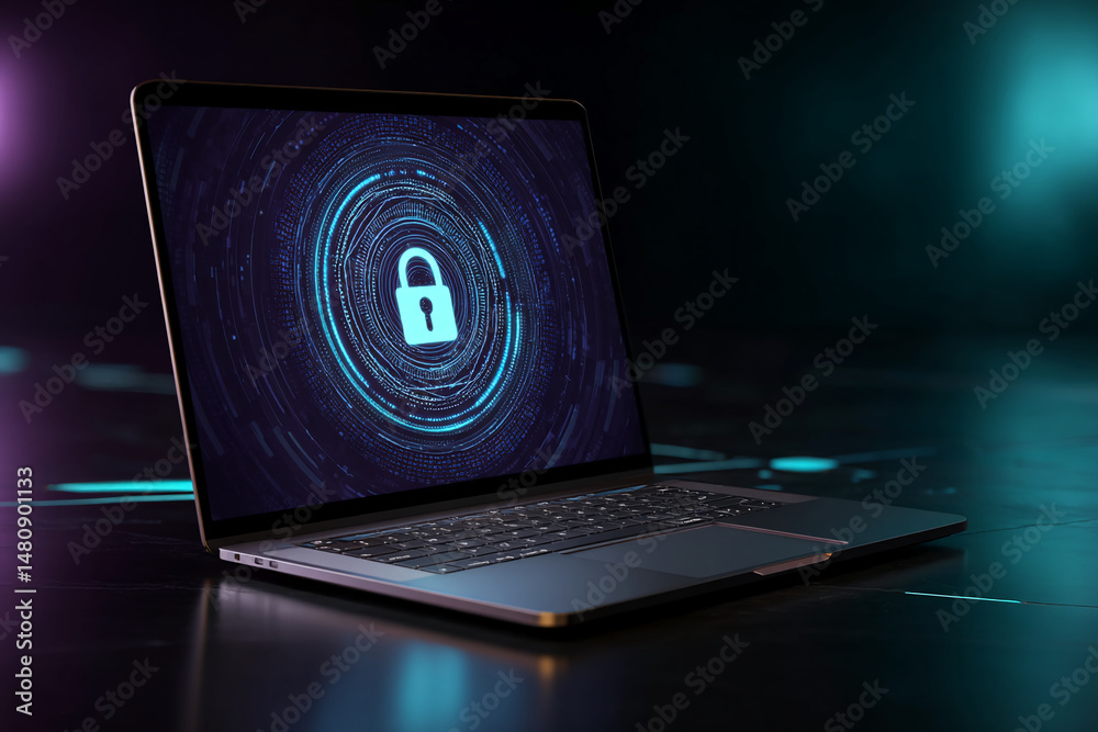 Poster laptop displaying a padlock icon within a circular digital pattern, symbolizing online security and 