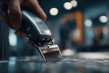 A close-up of a barber's hand using hair clippers on a wet surface, ready to groom, style and shape a client's hair in a professional barber shop setting.