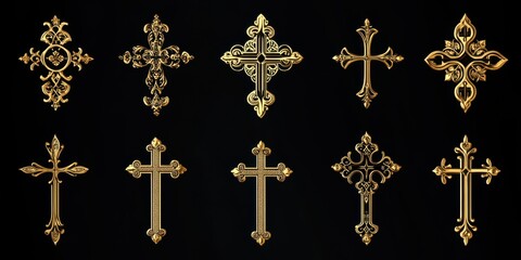 Elegant Decorative Cross Collection: Ornate Christian Symbols in Gold on Black Background