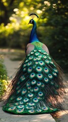Obraz premium Majestic Peacock Displaying Vibrant Plumage on Rocky Outcrop, Nature Portrait, Wildlife Photography, Colorful Bird Close-up.
