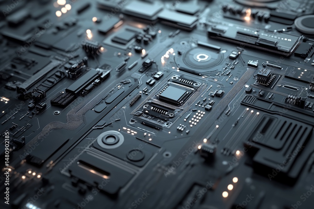 Fototapete The gray cyber armor is depicted in a close-up 3D illustration, surrounded by neon lights and featuring abstract graphics similar to those in computer games