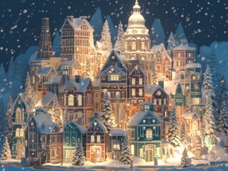 Naklejka premium Snowy village at night, cozy houses, warm lights