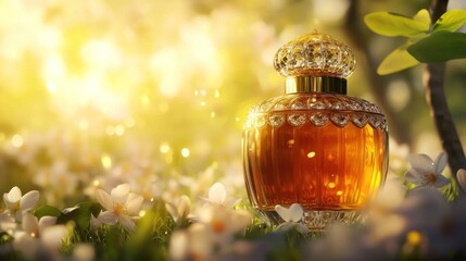 Luxury amber perfume bottle in sunlight golden hues white flowers nature background
