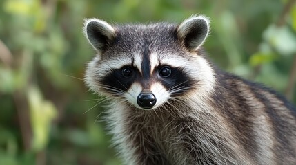 Fototapeta premium Curious Raccoon Portrait: Close-up of a Masked Bandit Wildlife Animal in Natural Forest Habitat, Detailed Fur Texture.